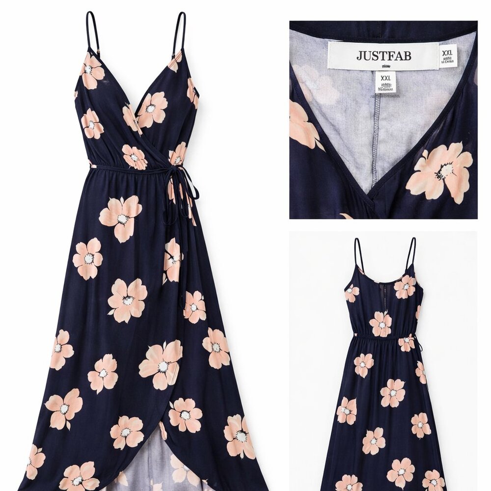 JustFab navy floral faux wrap dress in size XXL